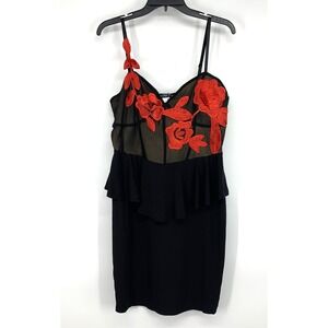 Venus Dress Black Red Floral Embroidered Mini Peplum Womens Size Large